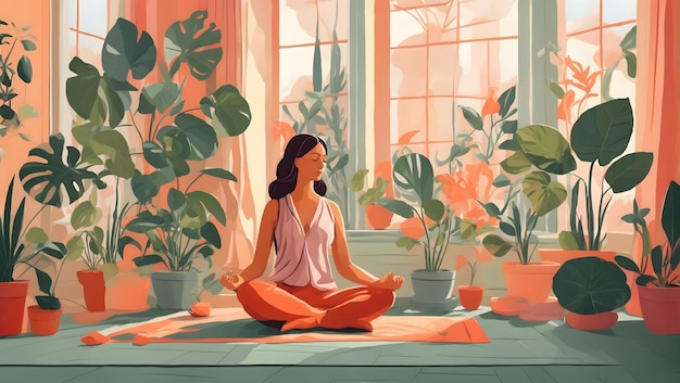 Una ilustración plana de una dama meditando