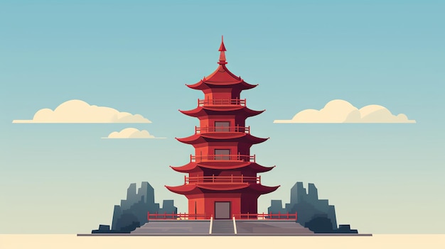 Foto ilustración plana de dibujos animados de una sola torre china minimali generative ai