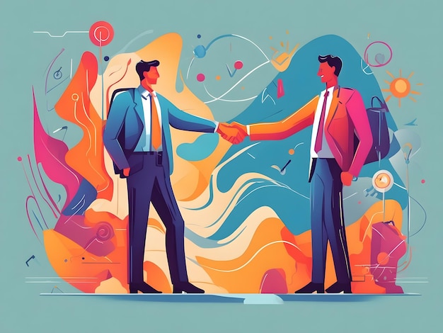 Ilustración plana de dos personas dándose la mano con el icono de negocios y conocimiento