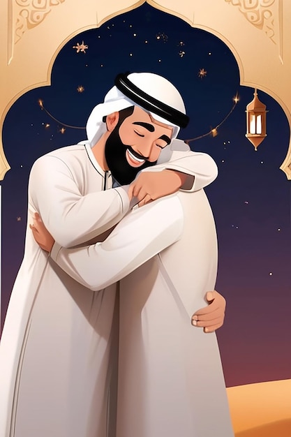 Ilustración plana de Eid al-Fitr con hombres abrazándose