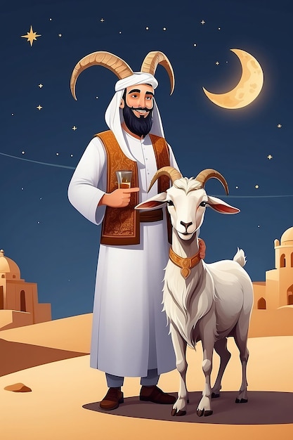 Ilustración plana de Eid alAdha con cabra y hombre