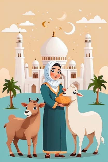 Ilustración plana de Eid alAdha con personas y animales