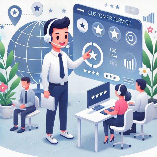 Ilustración plana en estilo 3D de la interacción del servicio al cliente