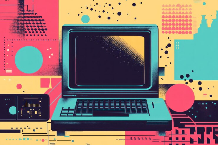 Foto ilustración plana en un estilo de arte pop retro con un fondo vibrante con una mezcla de formas abstractas y elementos tecnológicos vintage el diseño ofrece una sensación animada y nostálgica con mucha copia