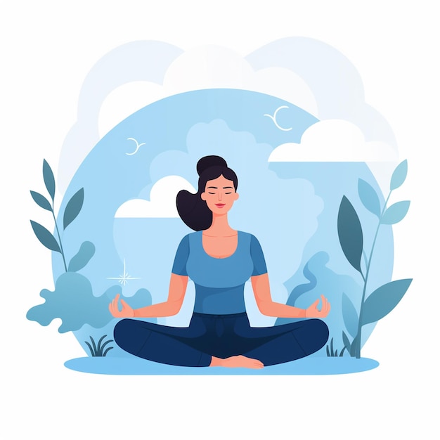 Una ilustración plana de estilo Clipart Vector de una mujer meditando