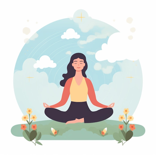 Una ilustración plana de estilo Clipart Vector de una mujer meditando