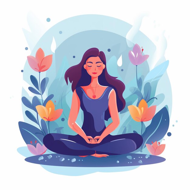 Una ilustración plana de estilo Clipart Vector de una mujer meditando