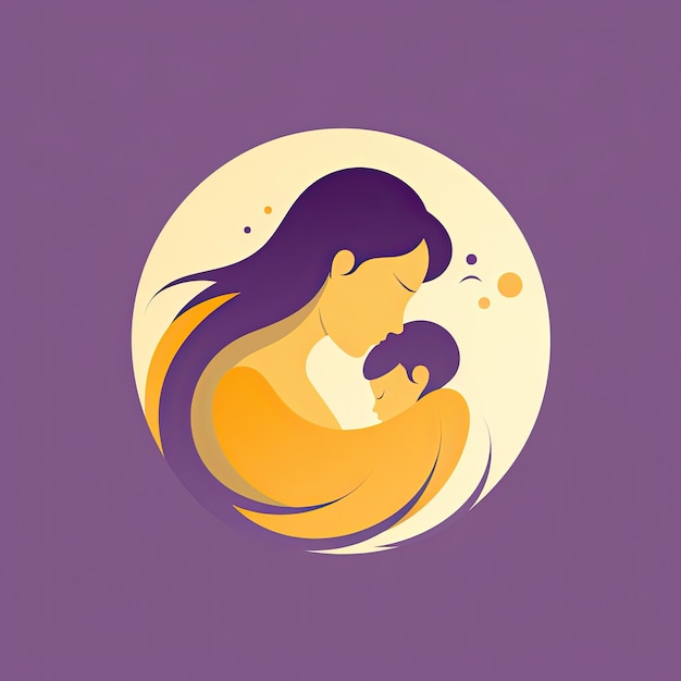 Ilustración plana de estilo minimalista de madre y bebé con logotipo en colores naranja y morado