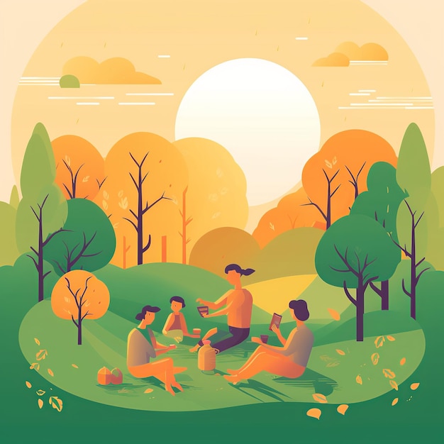 Ilustración plana de una familia joven feliz disfrutando de un picnic juntos al aire libre en una naturaleza verde y exuberante
