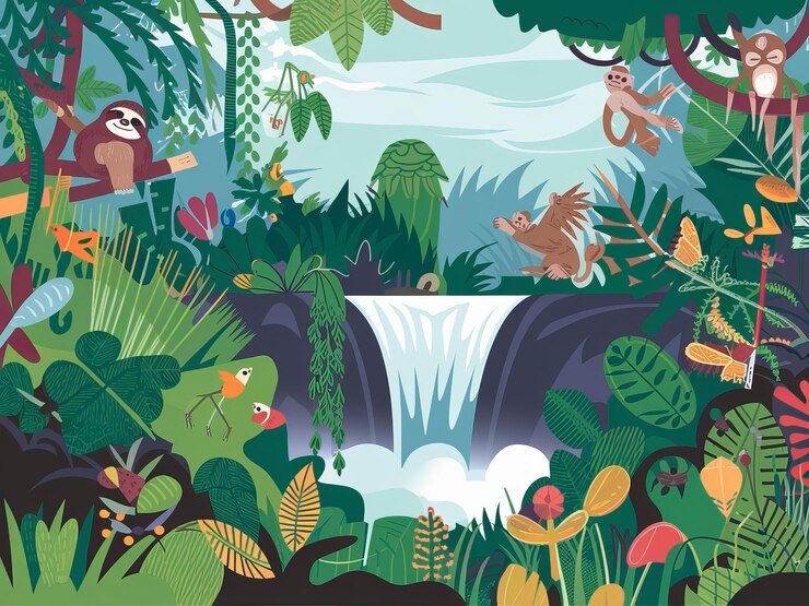 Una ilustración plana de un fondo de selva tropical de gran tamaño con varios árboles y plantas