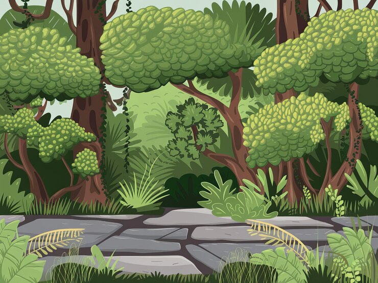 Una ilustración plana de un fondo de selva tropical de gran tamaño con varios árboles y plantas