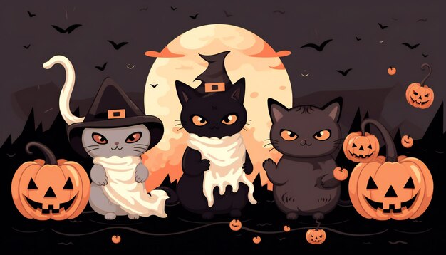 Ilustración plana de gatos espeluznantes para la celebración de Halloween