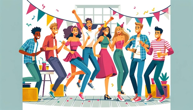 Ilustración plana de un grupo de jóvenes amigos felices celebrando divertirse y bailar en una fiesta