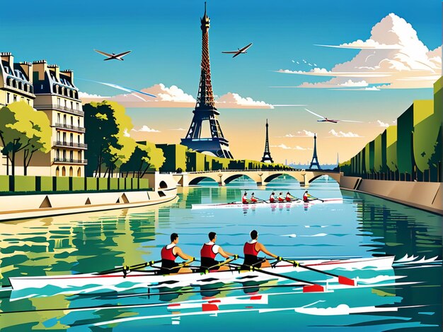 Ilustración plana Juegos Olímpicos de Verano en París remando en el fondo de la Torre Eiffel y el