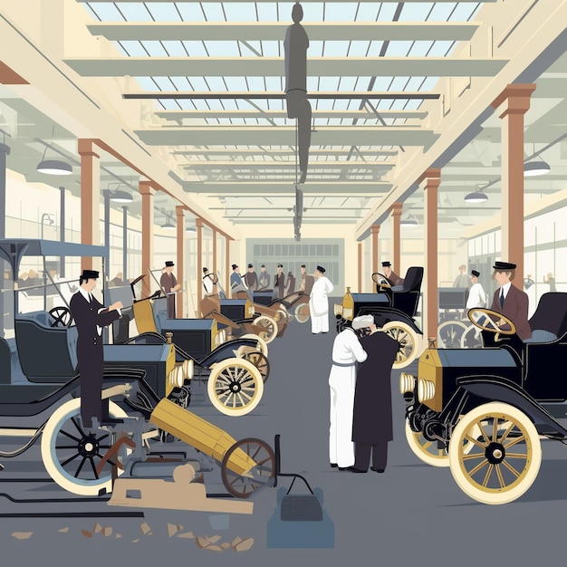 Ilustración plana de la línea de ensamblaje de Henry Ford con trabajadores que producen automóviles Modelo T