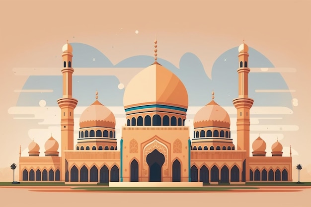 Una ilustración plana de una mezquita ramadan mubarak AI generativa