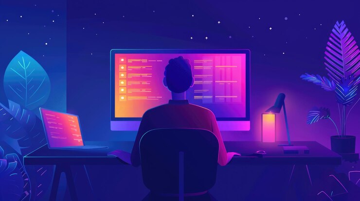 Foto una ilustración plana moderna de colores de neón de fondo plano persona completando un cuestionario en una computadora ar 1