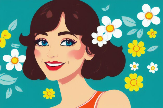 ilustración plana de una mujer joven feliz para el fondo decorativo de la flor del día de la mujer