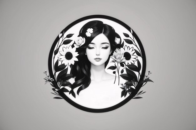 Foto ilustración plana de mujer negra y blanca en círculo retrato del logotipo con elemento botánico de flor