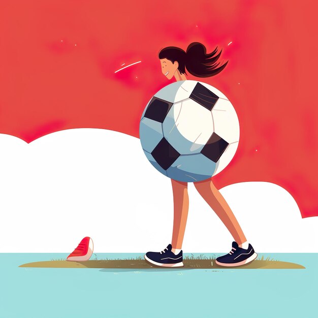 Foto ilustración plana de una niña jugando al fútbol disfrutando de la celebración