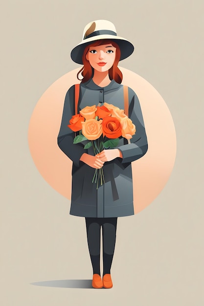 Una ilustración plana de una niña con sombrero y sosteniendo flores.