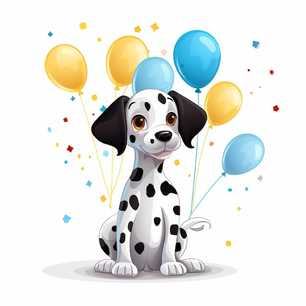 Ilustración plana de niños vectoriales de un perro de Dalmación con globos en un fondo blanco plano