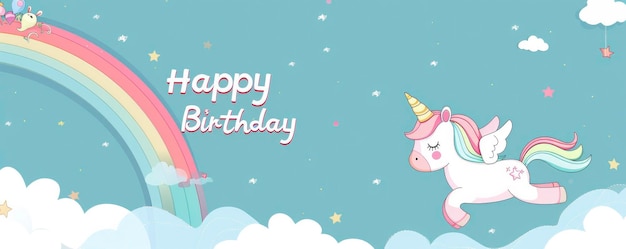 Ilustración plana de nubes blancas de arco iris pastel y un lindo unicornio volando en el cielo con el texto Feliz cumpleaños