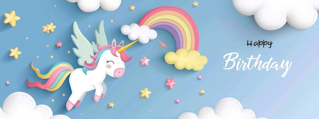 Ilustración plana de nubes blancas de arco iris pastel y un lindo unicornio volando en el cielo con el texto Feliz cumpleaños