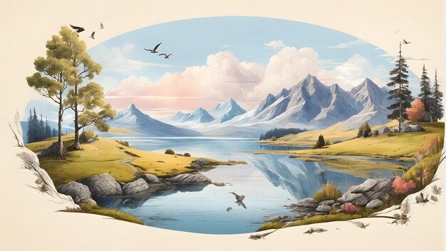 ilustración plana Paisaje de montaña lago en las tierras altas Aves de árboles de montaña