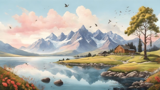 ilustración plana Paisaje de montaña lago en las tierras altas Aves de árboles de montaña