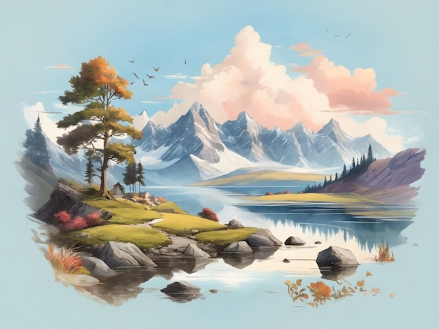 ilustración plana Paisaje de montaña lago en las tierras altas Aves de árboles de montaña