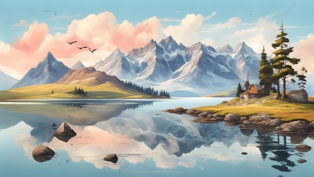 ilustración plana Paisaje de montaña lago en las tierras altas Aves de árboles de montaña