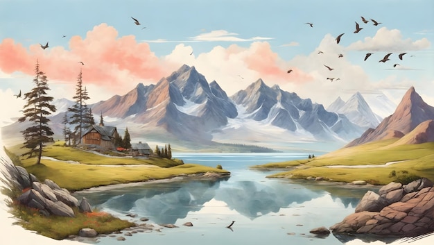 ilustración plana Paisaje de montaña lago en las tierras altas Aves de árboles de montaña