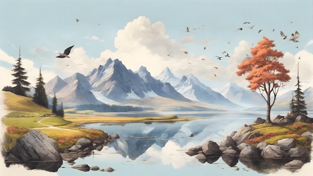 ilustración plana Paisaje de montaña lago en las tierras altas Aves de árboles de montaña