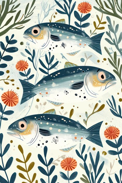 Foto ilustración plana de peces plateados con colores calmantes