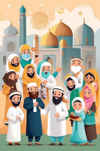 Ilustración plana de personas celebrando el Eid al-Adha