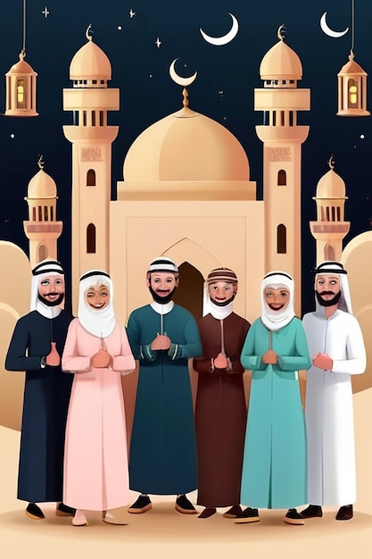 Ilustración plana de personas celebrando el Eid al-Adha