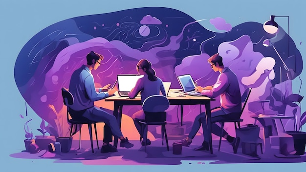 Ilustración plana de personas que trabajan en una computadora portátil con herramientas de pintura y escritura