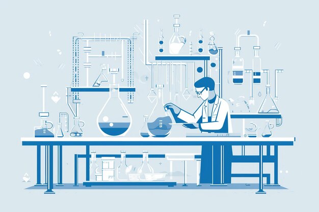 Ilustración plana de un químico en un laboratorio industrial analizando muestras realizando experimentos