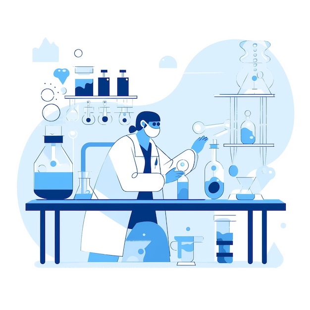 Ilustración plana de un químico en un laboratorio industrial analizando muestras realizando experimentos