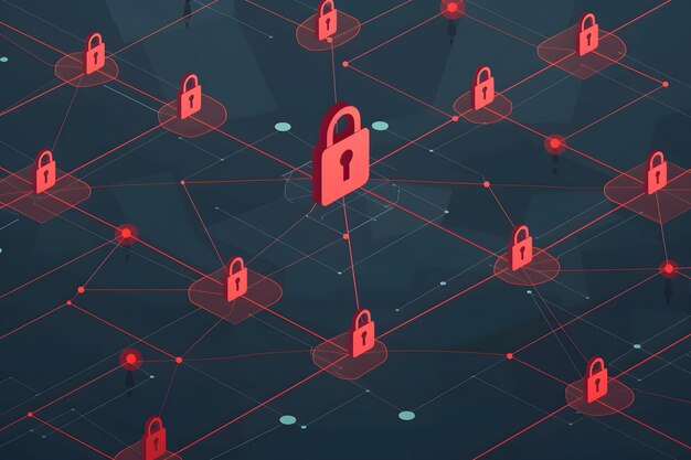 Ilustración plana de una red de datos protegida con conexiones bloqueadas Seguridad cibernética
