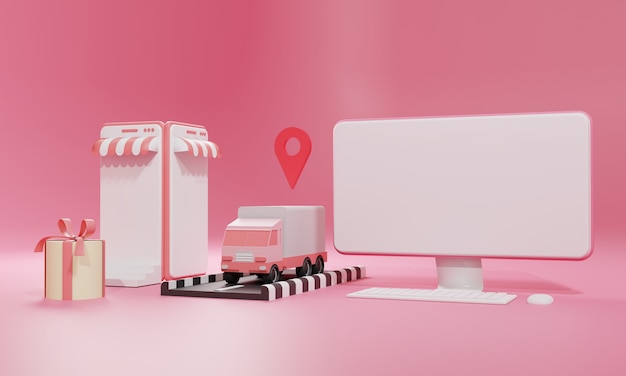 Ilustración plana de renderizado 3D Tienda de compras en línea en aplicaciones móviles y envío de carga de camiones de computadoras y teléfonos inteligentes. Ilustración premium