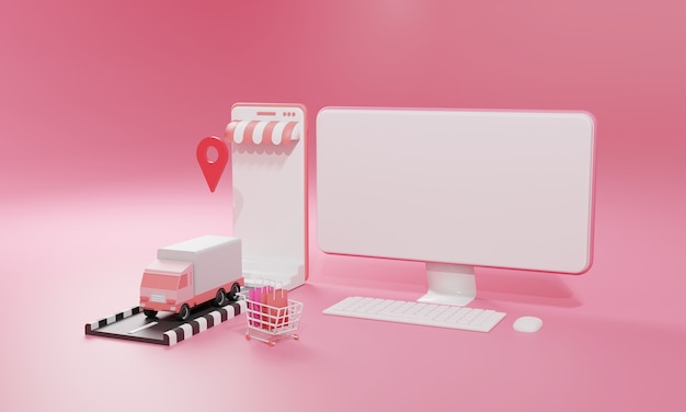 Ilustración plana de renderizado 3D Tienda de compras en línea en aplicaciones móviles y envío de carga de camiones de computadoras y teléfonos inteligentes.