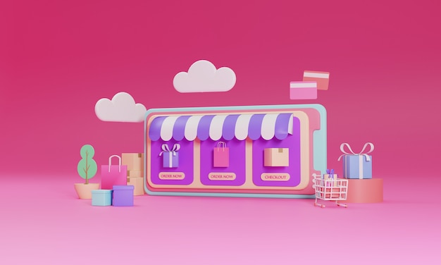 Ilustración plana de representación 3D Tienda de compras en línea en la aplicación móvil del teléfono inteligente.