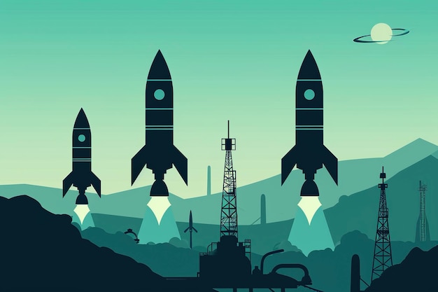 Una ilustración plana de siluetas de cohetes negros contra un fondo azul azul con plataformas petrolíferas en la distancia