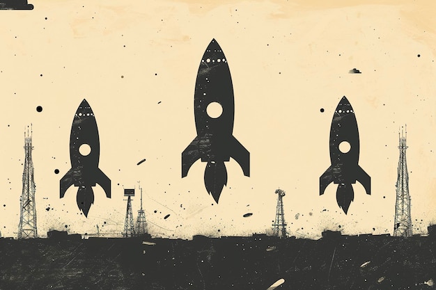 Una ilustración plana de siluetas de cohetes negros contra un fondo beige con plataformas petroleras en la distancia