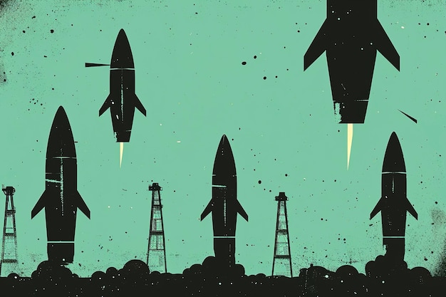 Una ilustración plana de siluetas de cohetes negros contra un fondo verde menta con plataformas petroleras en la distancia