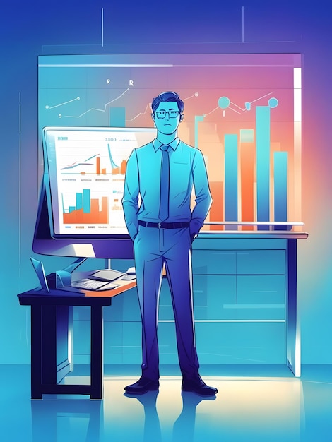 Foto ilustración plana de un trabajador de oficina de pie frente a un tablero con gráfico