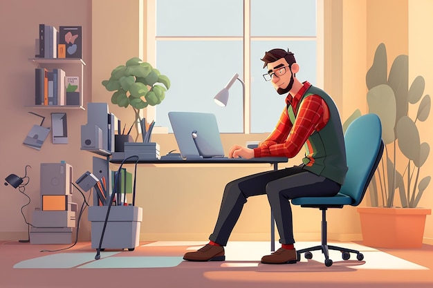 Ilustración plana vectorial de un hombre trabajando en la computadora