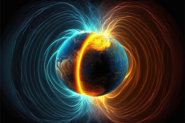 Ilustración del planeta tierra en su movimiento de rotación detenido y los polos magnéticos invertidos Ia generada